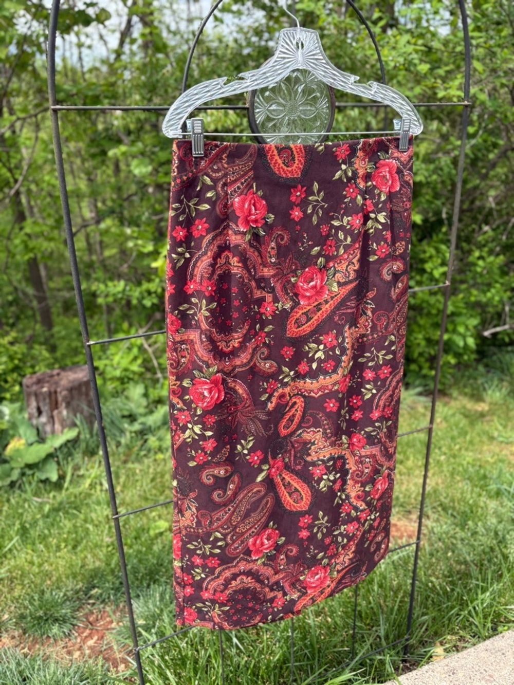 Vintage Briggs New York Brown Midi Skirt Red Floral Print Paisley Women Size 12 - Picture 6 of 14